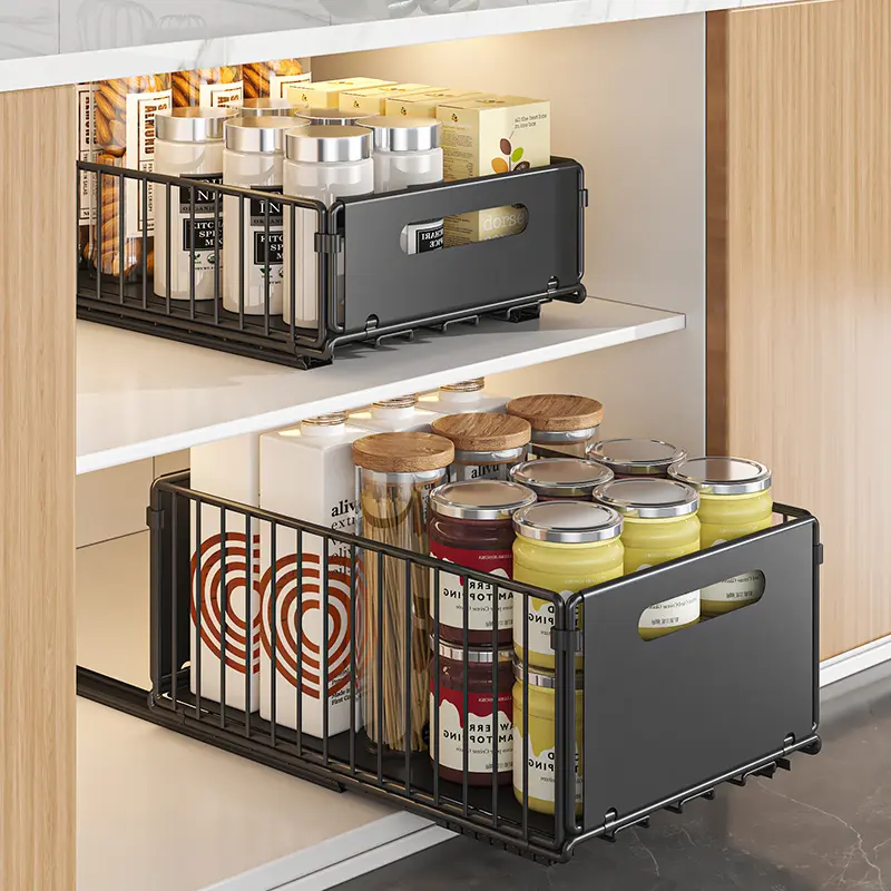 Carbon Steel Pull Out Cabinet Organizer - Smooth Slide Foldable Storage Basket, No-Drill Easy Installation Kitchen Shelf for Pantry & Home Organization, Square