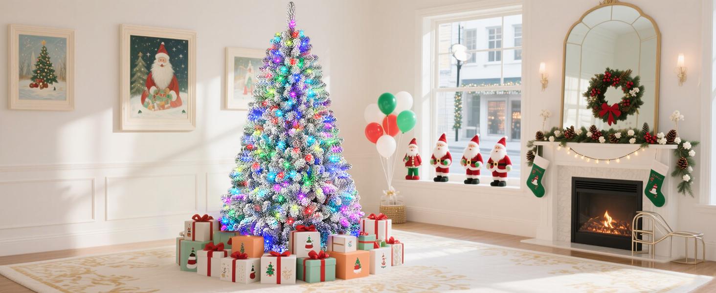 SHareconn 4/5/6/7.5/9/12FT Pre-Lit Snow Flocked Christmas Tree with Remote Control, Deluxe Hinged Design, RGB Led Lights, Ideal Xmas Decoration