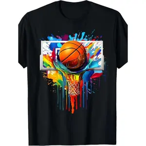 Men's Basketball Dunk Tie-Dye Splash Print Cotton Tee - Black Casual Round Neck, Machine Washable, Summer Fashion Statement