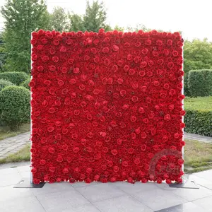 Red 8Ft*8Ft 3D Silk Flower Wall Backdrop for Weddings Parties & Special Events 2 Panels Easy Setup Roll-Up Design Luxury Wedding Photo Booth Decor