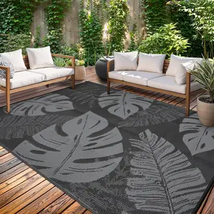Leaf Print Outdoor Rug Double-Sided Reversible Plastic Straw Woven Rug Foldable Garden Decoration Rug Large Size Washable Outdoor Rug for Terrace Beach RV Picnic Balcony Patio