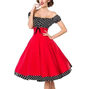Elegant Vintage 50s 60s Hepburn Dress Women Retro Rockabilly Polka Dot Dress Black Red Off Shoulder Sleeveless Dress Female