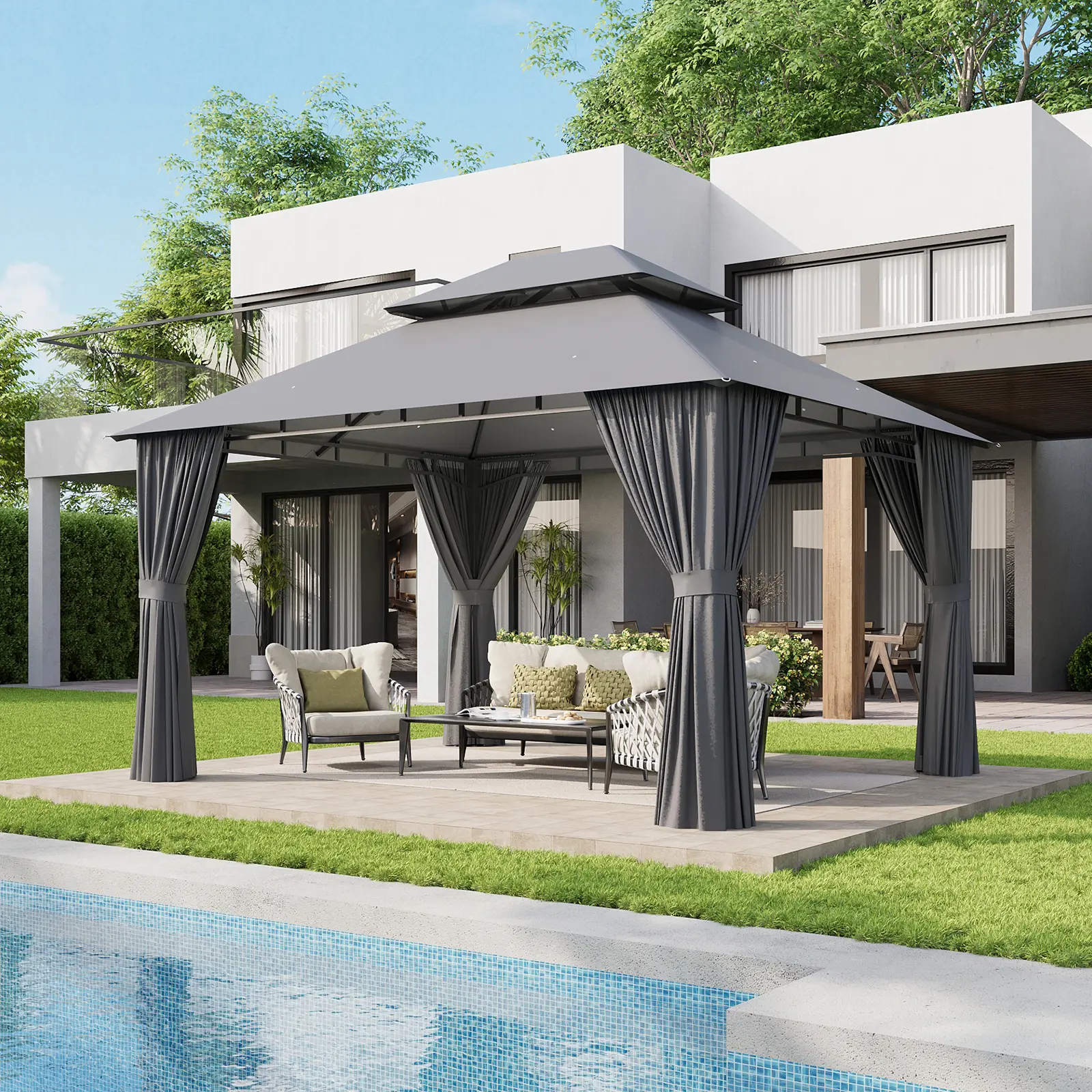 Aoxun Metal Frame Gazebo (8x8/10x10/10x12ft Rectangle), Sturdy Double-Roof Outdoor Canopy with Mosquito Netting, Privacy Screen, Sun Protection, Cooling Fan, LED Light for Lawn, Backyard Parties & Outdoor Decor