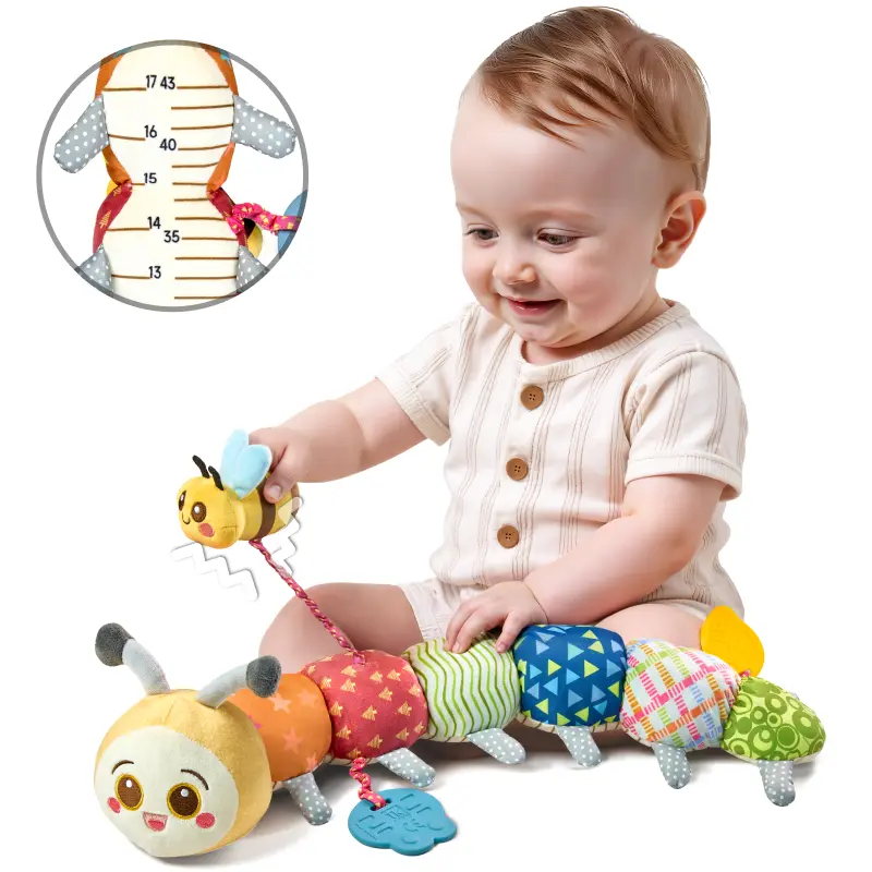 TUMAMA Cute Colorful Unisex Polyester Caterpillar Plush Sensory Toy for 0-12M Newborn Infants - Teether, Crinkle Paper, Rattles, Height Measure, Rustle Sounds, Vibrating Bee, Developmental Gifts