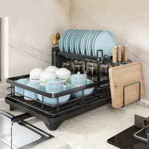 2026 Upgraded 2-Tier Dish Drying Rack, Stainless Steel Dish Rack with Removable Drip Tray, Large Capacity for Plates, Bowls, Cutlery, Cups & Cutting Boards, Space-Saving Black Dish Rack for Kitchen Counter, Over Sink Use, Rustproof & Heavy Duty