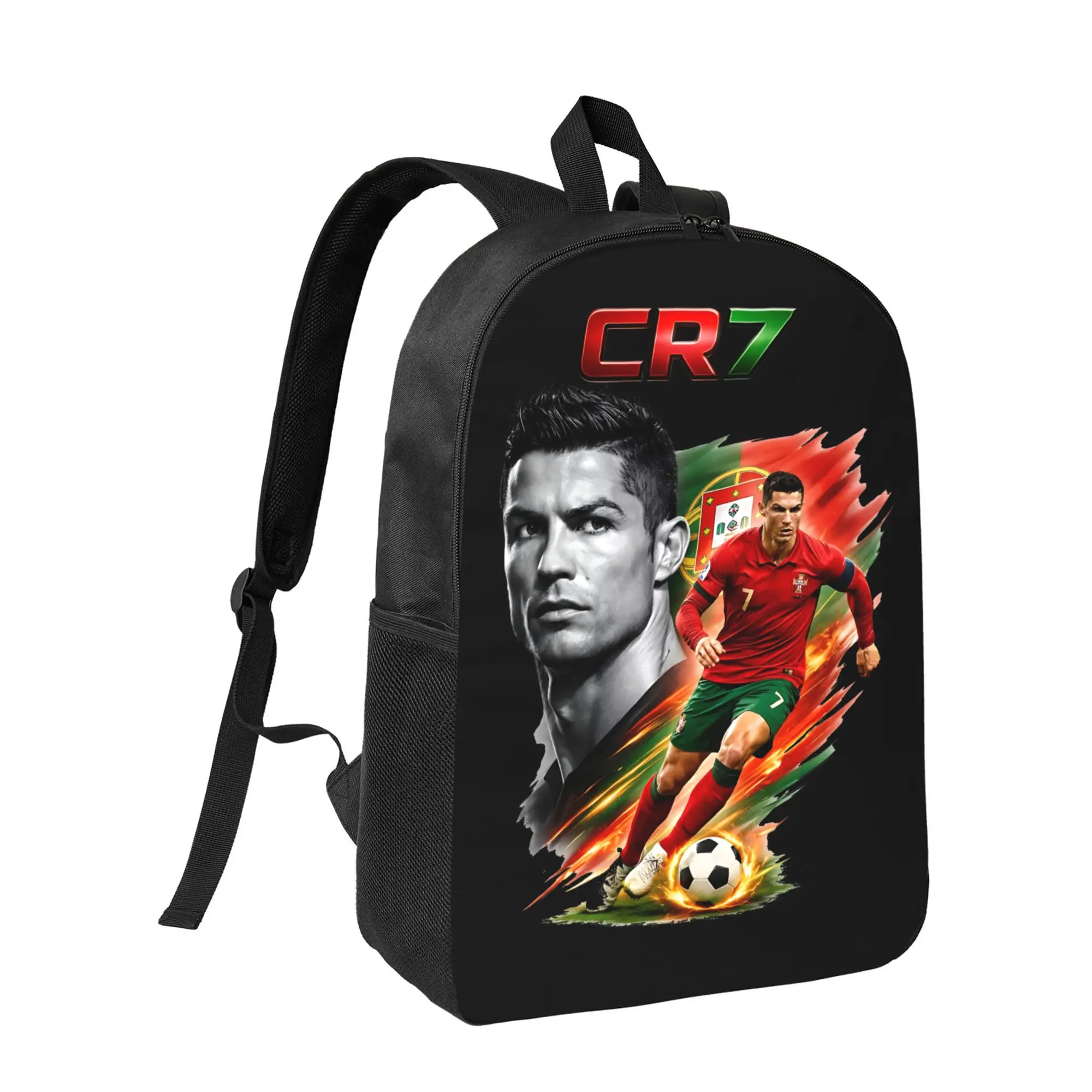 CR7 Ronaldo Graphic Backpack, Black White Soccer Print Adjustable Strap Bag for Sports Casual