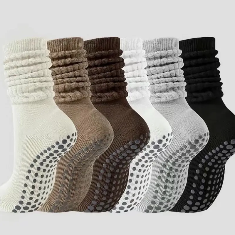 Women's 6-Pack Solid Slouchy Cotton Polyester Spandex Socks with Non-Slip Grip Soles for Yoga, Pilates, and Lounge Wear, Bottom, Everyday, Fit, Breathable, Soft, Hospital, Socks For Women, Silicone, Solid Colors, Six Pairs