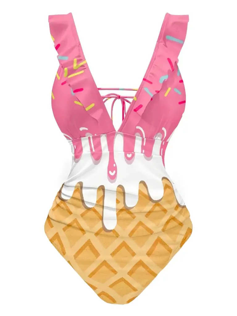 RETRO STAGE Women's 1970s Ice-Cream Print Ruffle Twist 1-Piece Swimsuit - Pink, Tie-Back, Medium Stretch, Wireless Bra, Ideal for Beach Use, Ruffle Twist Swimsuit, Swimming Women's One-Piecesvacation swimwear for women cute summer outfits