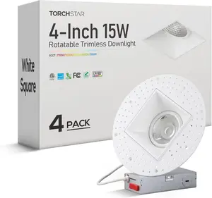 TORCHSTAR 5CCT Trimless 4 Inch 15W Square Gimbal LED Recessed Light, Ceiling Canless Dimmable LED Downlight, 2700K-5000K Selectable, White (4 Pack)
