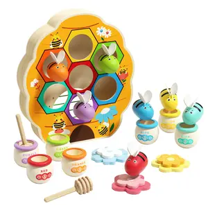Bee Color Sorting Toy, Wooden Fine Motor Skill Game with Tweezer for Toddlers 2 3 4 Years Old, Montessori Preschool Learning Activity at Home, Fun Matching Bees to Hive Set with Honey Jar