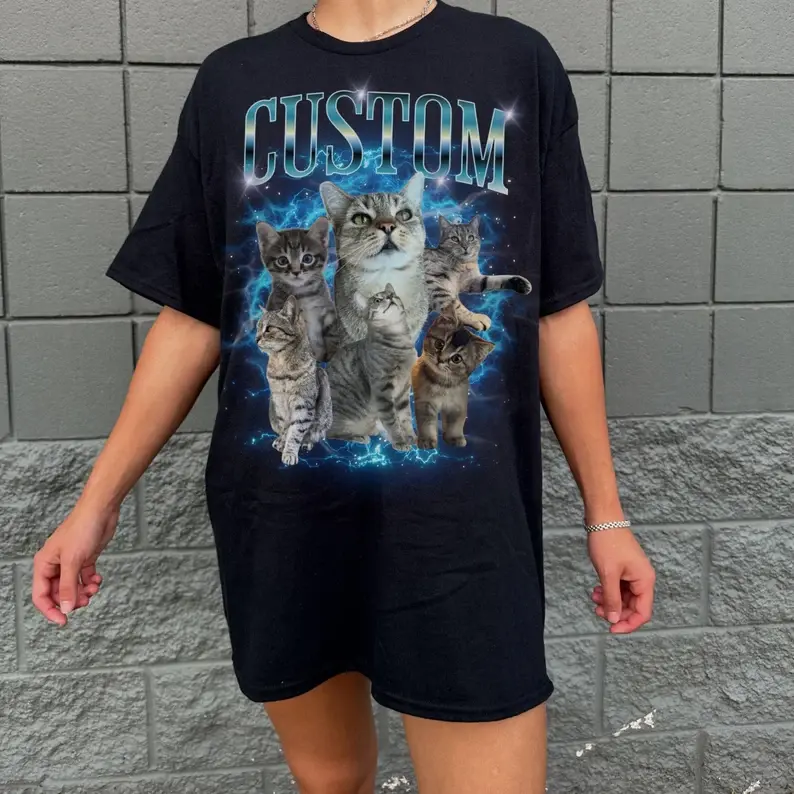 Custom Pet Photo Bootleg T‑shirt Personalized Cat Dog Picture Retro Lightning Unisex Tee