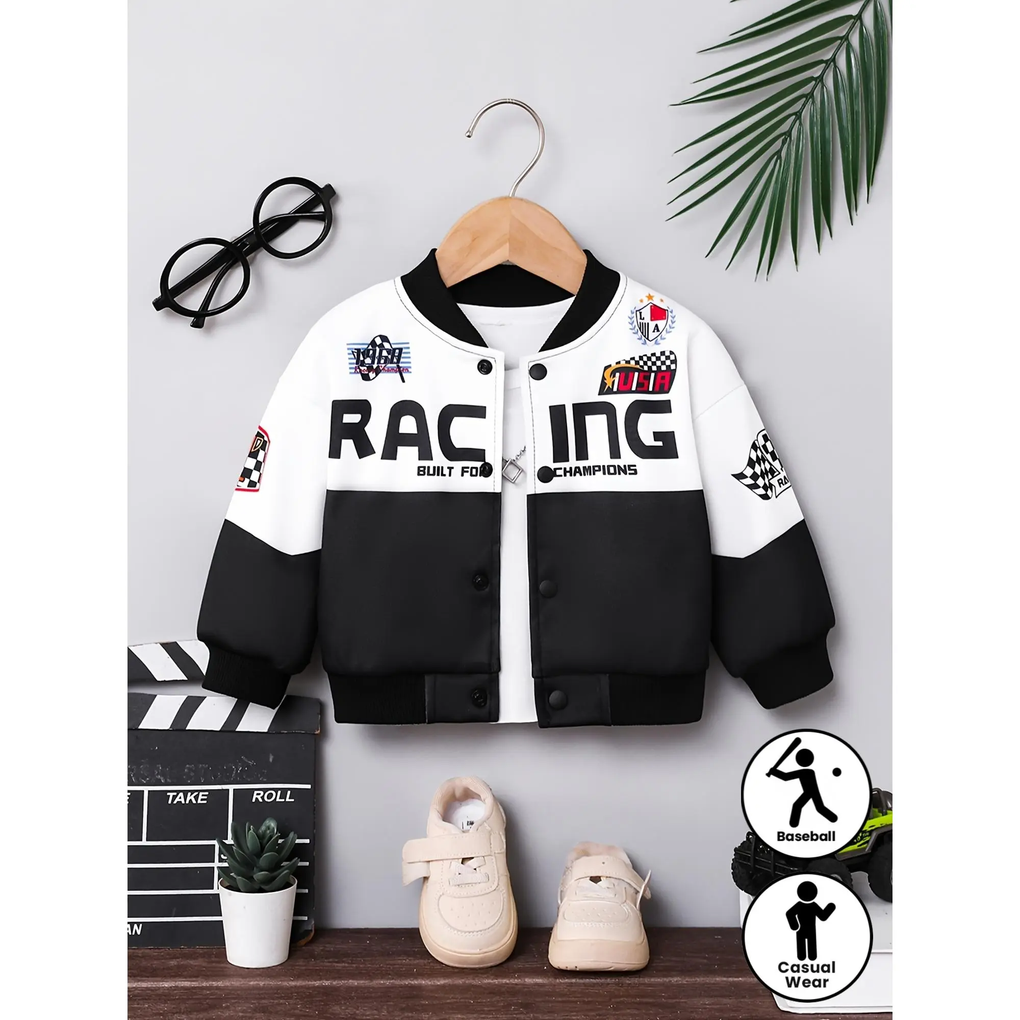 Baby Boys' Polyester Letter-Print Baseball Jacket - Small Stand-Up Collar, Long Sleeve Casual Outerwear for 0-3 Years Old, Suitable for Autumn & Spring Outdoor, Casual Wear