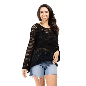 Passion Women's Open Knit Bell Sleeve Hi Lo Sweater