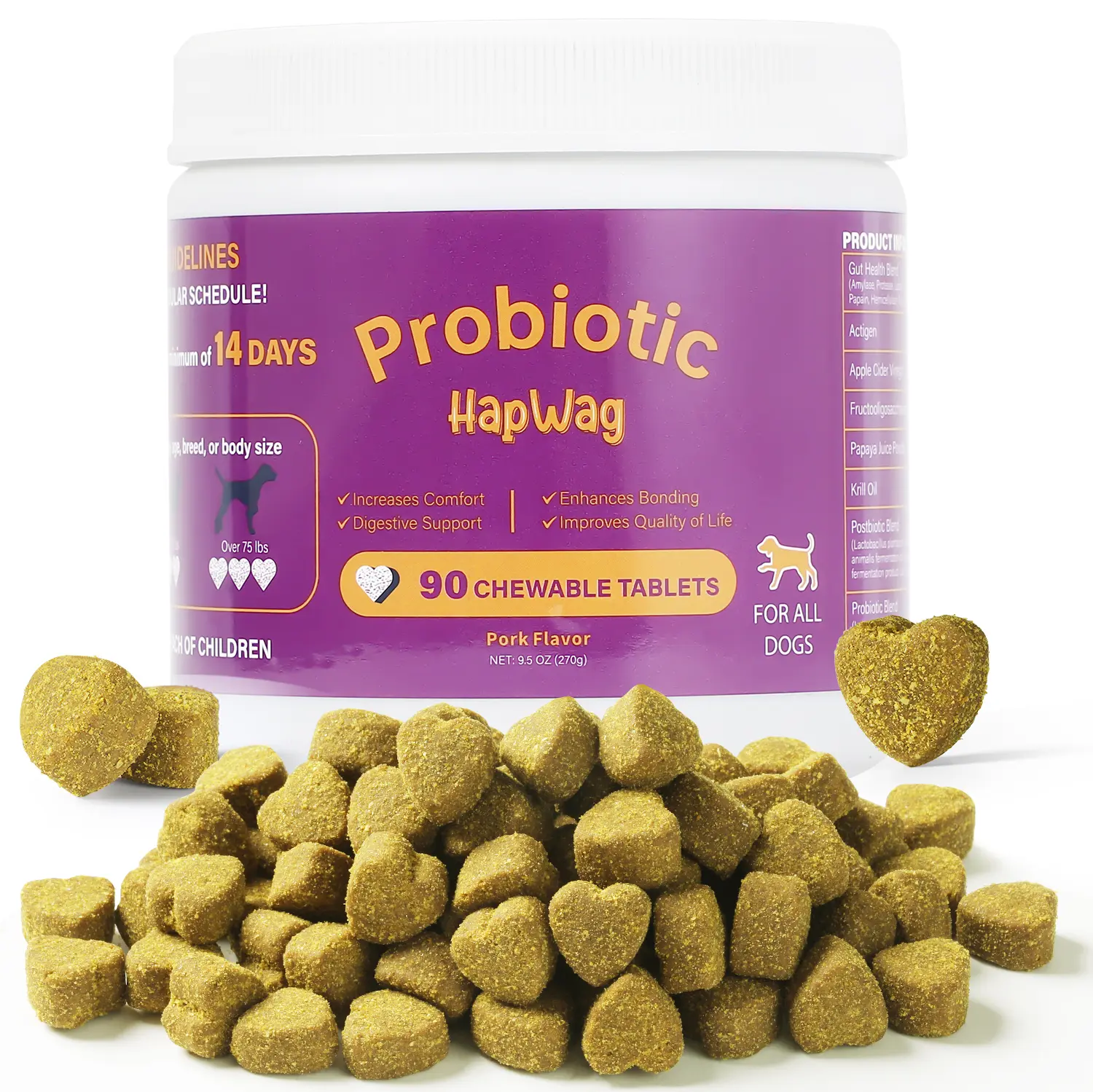 HAPWAG 8-in-1 Dog Health Supplements - Pork Flavor Chewables, Probiotics, Gut & Immune Support, Digestive Aid - 90 Soft Treats