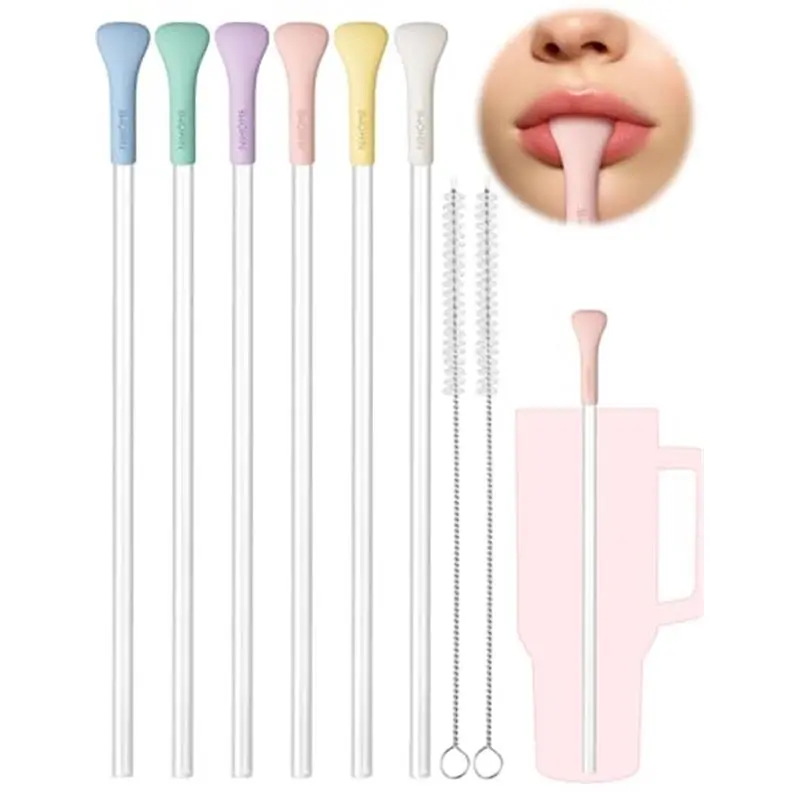 6PCS Anti Wrinkle Straws with Silicone Widen Flat Tip Drinking Plastic Straw, Fit for Stanley 30 oz 40 oz Tumbler, Reusable Wrinkle Free Plastic Long Straw, 2 Brushes, BPA-free (Macaron Colors)