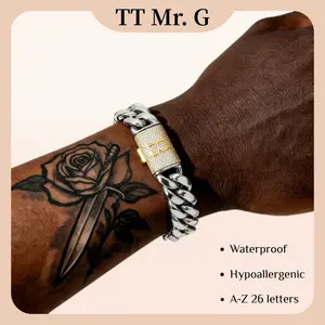 Silver Stainless Steel Cuban Link Bracelet for Men, 14mm Heavy Chain with Gold A–Z Initial Letter Clasp, Hip Hop Gothic Punk Style, Personalized Statement Bracelet Gift for Him