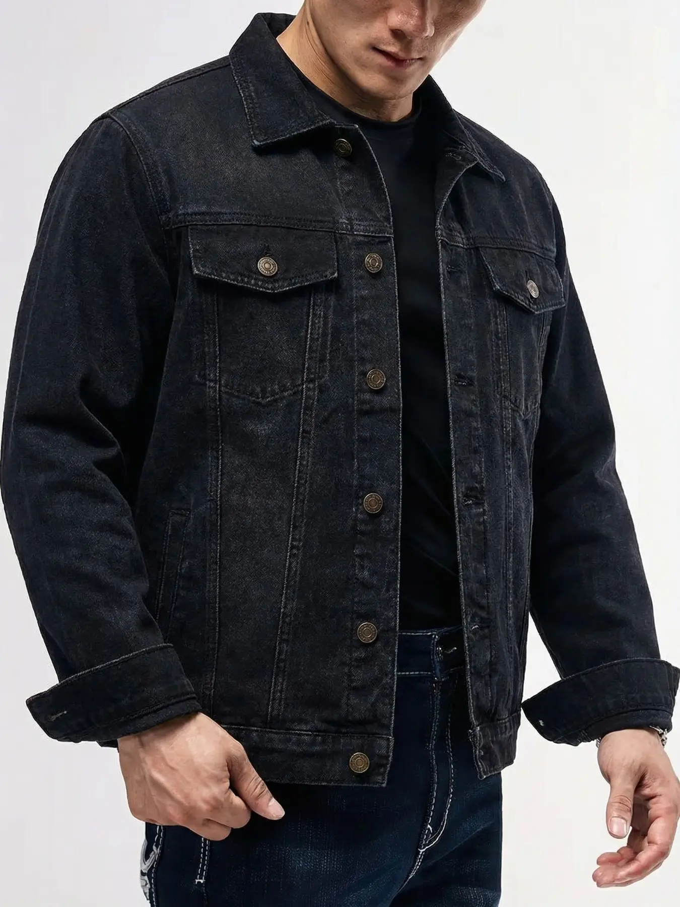 Men's Vintage Stone-Washed Denim Jacket, Menswear, Long Sleeve, Loose Fit, Casual Stand-Up Collar, with Flap Pockets, Classic Streetwear Style Coat, Suitable for Daily Wear and Outdoor Activities, Ideal Gift for Boyfriend or Husband