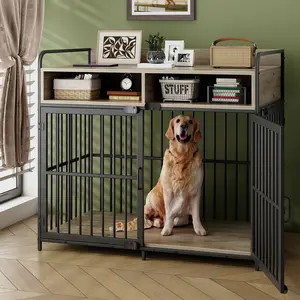 Kepptory Large Dog Crate Furniture with Drawers Storage, Puppy Dog Kennel Indoor with Double Doors, Heavy Duty Wooden Dog Cage Table, Sturdy Metal