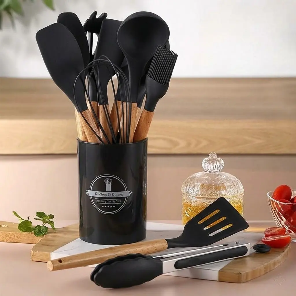 Wooden Handle Silicone Kitchenware 12-Piece Set with Round Storage Bucket Non-Stick Spatula Spoon Blender Whisk Aesthetic Gift for Easter silicone kitchenware Set with Baking Tool. Utility. Cookware Kitchen Utensil Set. kitchen supplie.