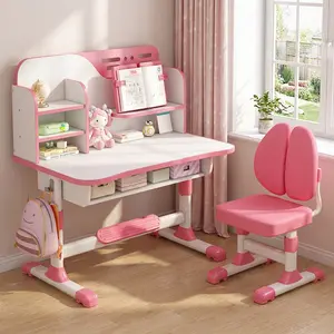 Kids Adjustable Study Desk & Chair Set w/ Storage,Drawers,Bookshelf,Child Toddler Writing Homework Table,Little Girl Work Computer Desk,Princess Preschool Table