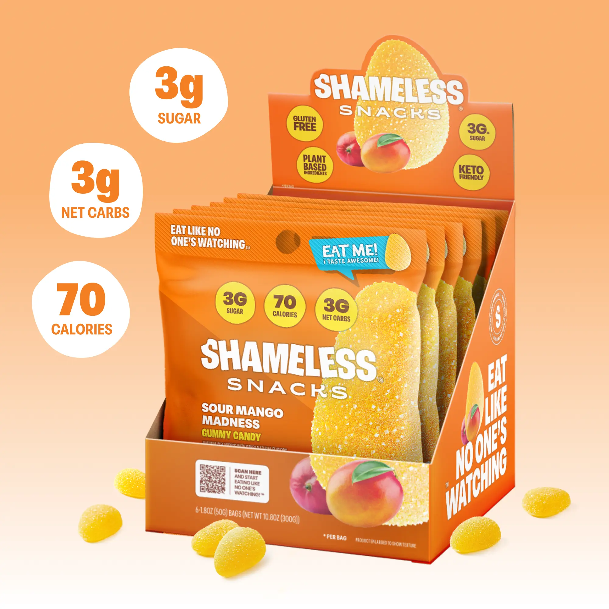 Shameless Snacks Sour Mango Madness Candies - Keto Gummies, Sour Flavored Candy, Fruity Tangy Chewy Bites, Low Sugar, Low Calorie Vegan Adult Snacks, Low Calorie Snacks