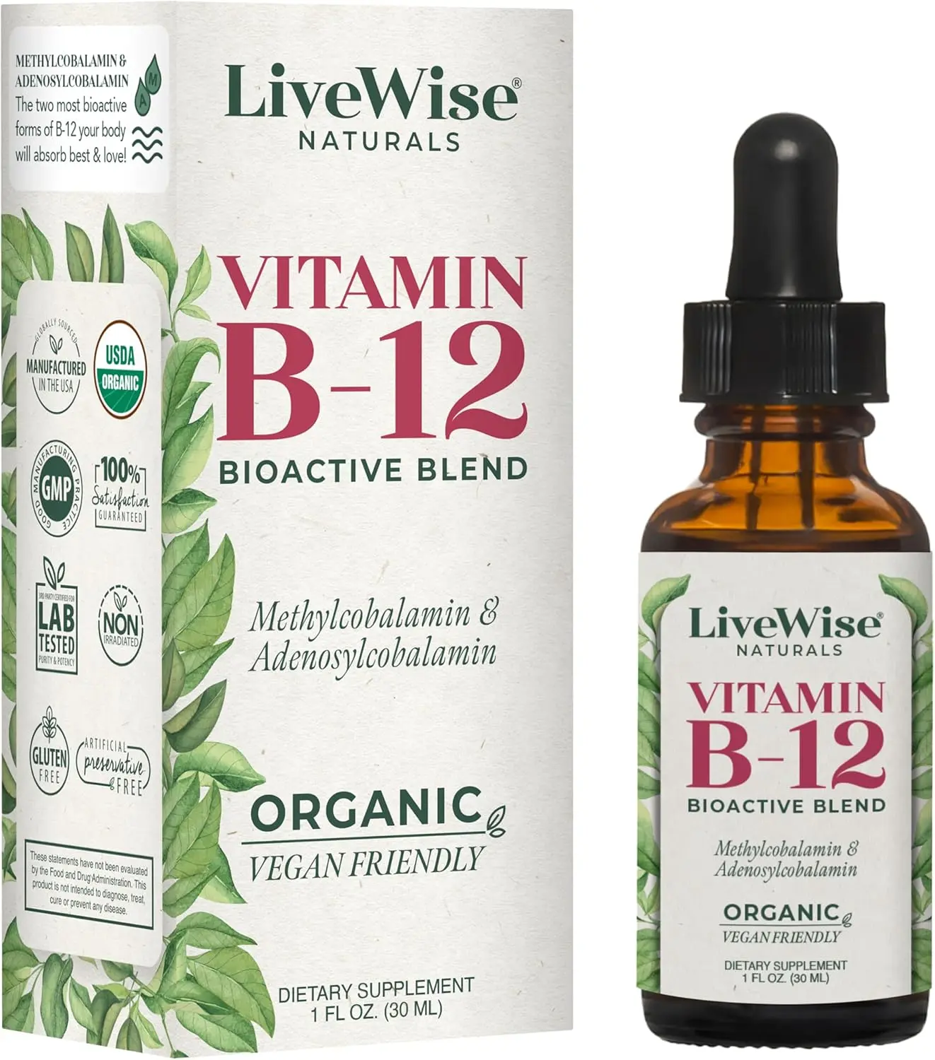 LiveWise Naturals Vitamin B12 Liquid Drops - Clean Daily Bioactive Sublingual Daily Vitamins for Adults, Clinically Proven Supplement, Energy Boost, Metabolism & Nerve & Brain Health Support, Non-GMO, Unflavored/Orange Flavor, Cholecalciferol from Lanolin