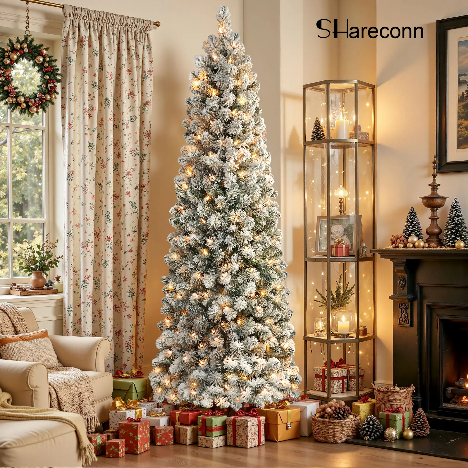 SHareconn Pre-lit Snow Flocked Slim PVC Christmas Pencil Tree, 4/5/6/7.5/8/9 FT, Warm White Lights, Dense Removable Branches, Sturdy Stand Keeps Tree Upright, Art Deco Romantic Festive Decoration for Holiday Decor Setup