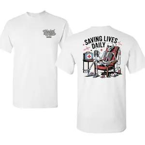 Saving Lives Daily Nurse Shirt, Funny Skeleton Nurse Graphic Tee, Vintage Medical Humor Artwork, Soft Cotton Blend Shirt, Healthcare Lifestyle Apparel for Men & Women, Gift for Nurses & Medical Workers