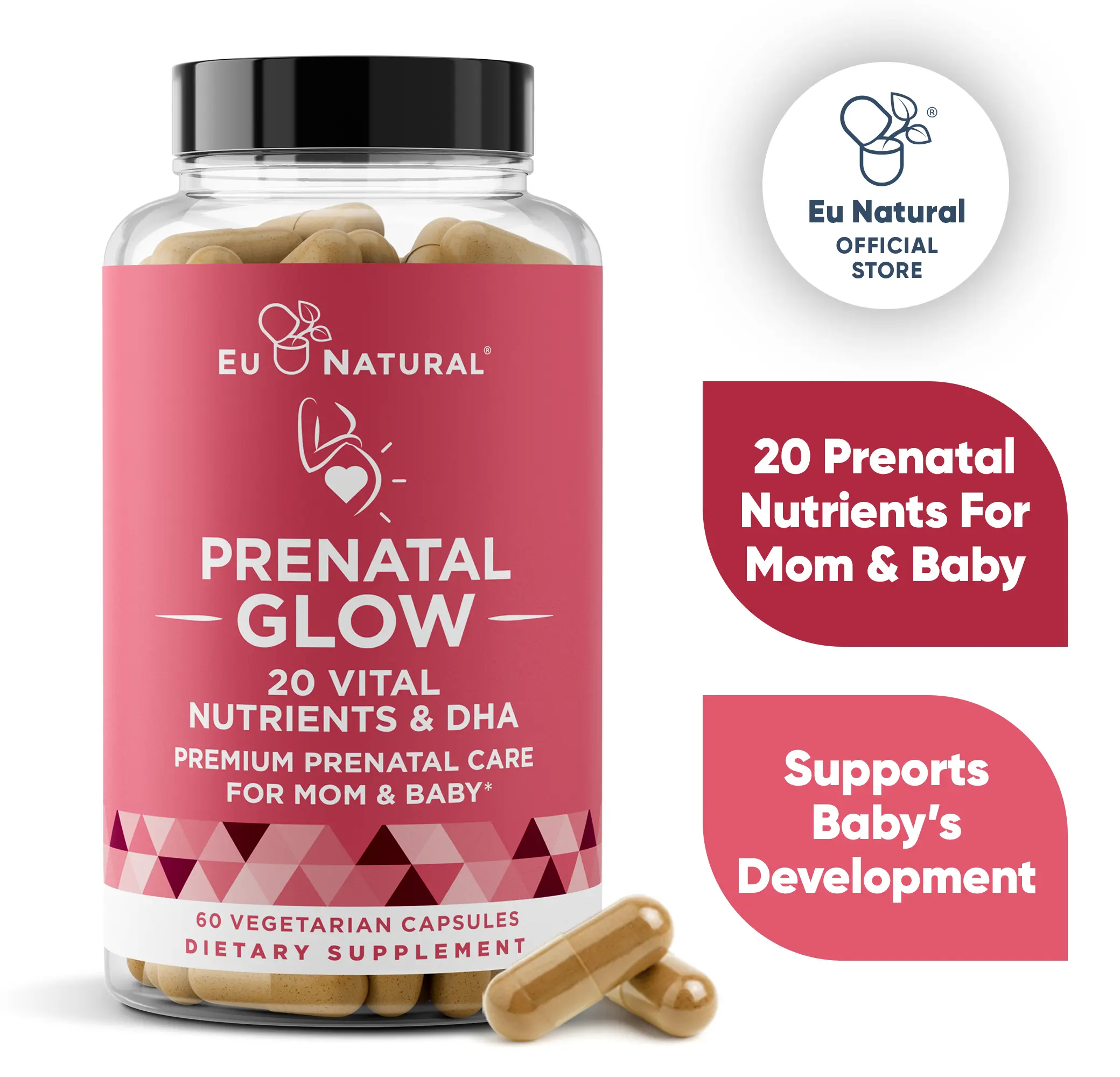 Eu Natural Glow Prenatal Vitamins for Women – 20-in-1 Vital Nutrients for Healthy Pregnancy and Fetal Development – Folic Acid & Vegan DHA For Baby's Growth & A Comfortable Pregnancy – No Fillers