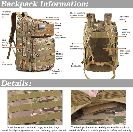 45L Military Tactical Backpack for Men and Women with Molle System and USA Flag Patch