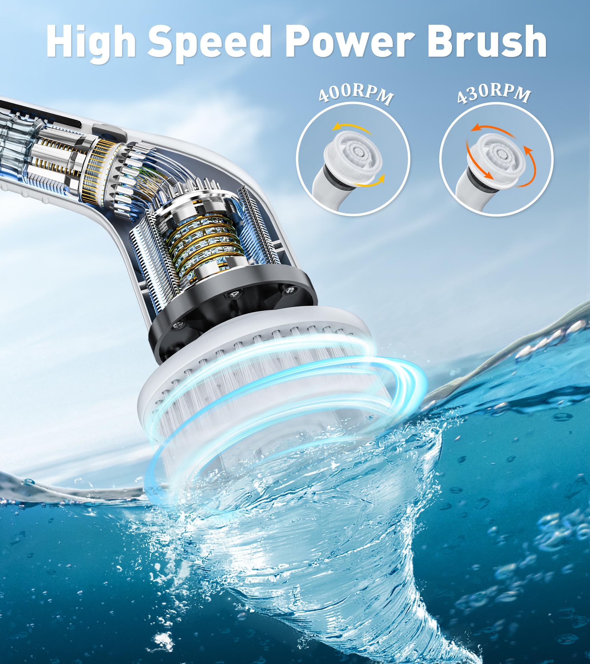 Cordless Electric Spin Scrubber - Shower Floor Scrubber Cleaning Tool with 8 Replaceable Brush Heads, 3-Length Extendable Handle, Dual Speed, IPX7 Waterproof LED Display, Tools and Gadgets for Bathroom, Kitchen