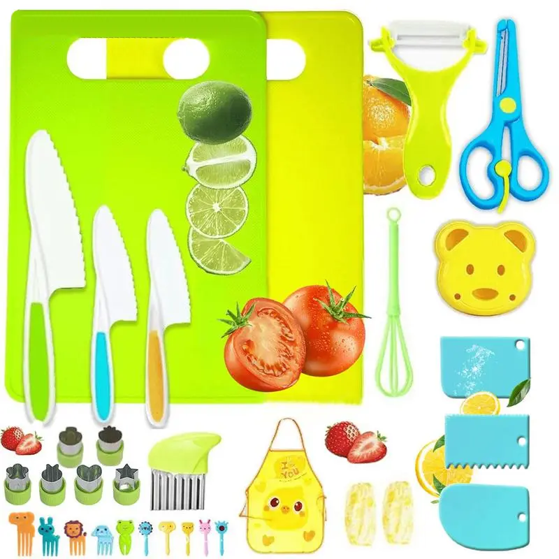 32PCS Montessori Toddler Knife Set, Real Cooking Kids Safe Knives for Age 5-10, Montessori Kitchen Supplies & Gadgets, Toddler Kitchen Tools for Cooking, Sandwich Cutter Set, Perfect Christmas Gifts for Boys Girls