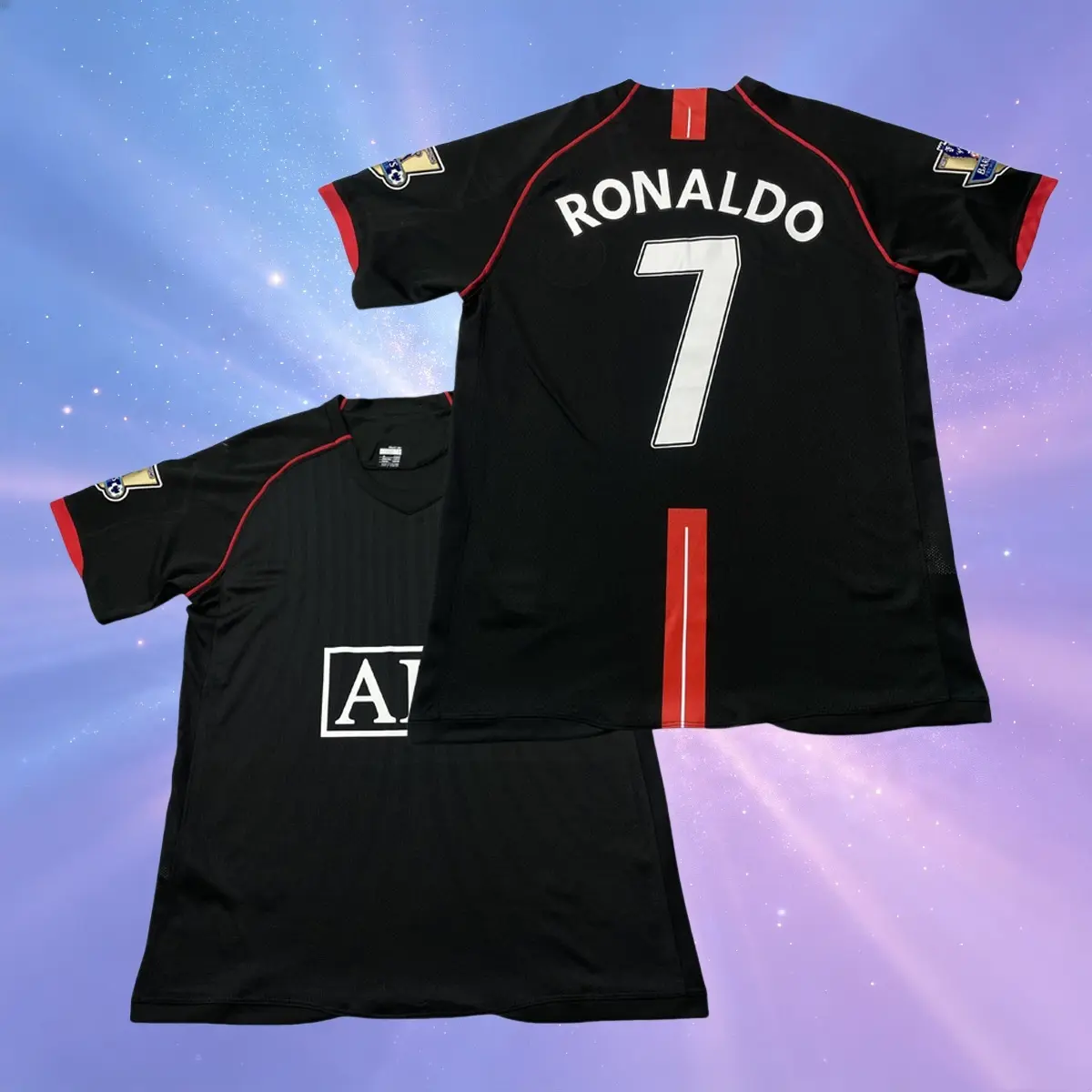 7# Ronaldo 07 08 Away Short Sleeve Shirt Retro Soccer Jersey Black Fans Version