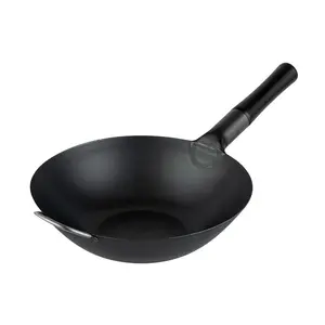 12" BLACK CARBON STEEL FLAT BOTTOM WOK / STIR FRY PAN - PRE-SEASONED