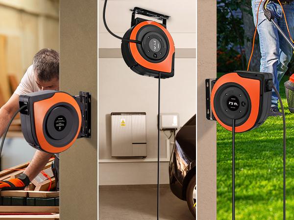 DEWENWILS Retractable Extension Cord Reel, 75 FT Heavy Duty Power Cord, 14/3C SJTOW, Lighted Triple Tap Outlets, 10A Circuit Breaker, Wall/Ceiling Mounted for Garage, Workshop, UL Listed, Cable Wall-HCRA75A