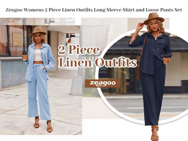 ZEAGOO Women 2 Piece Linen Sets Button Down Shirt and Drawstring Long Pants Set Summer Outfits