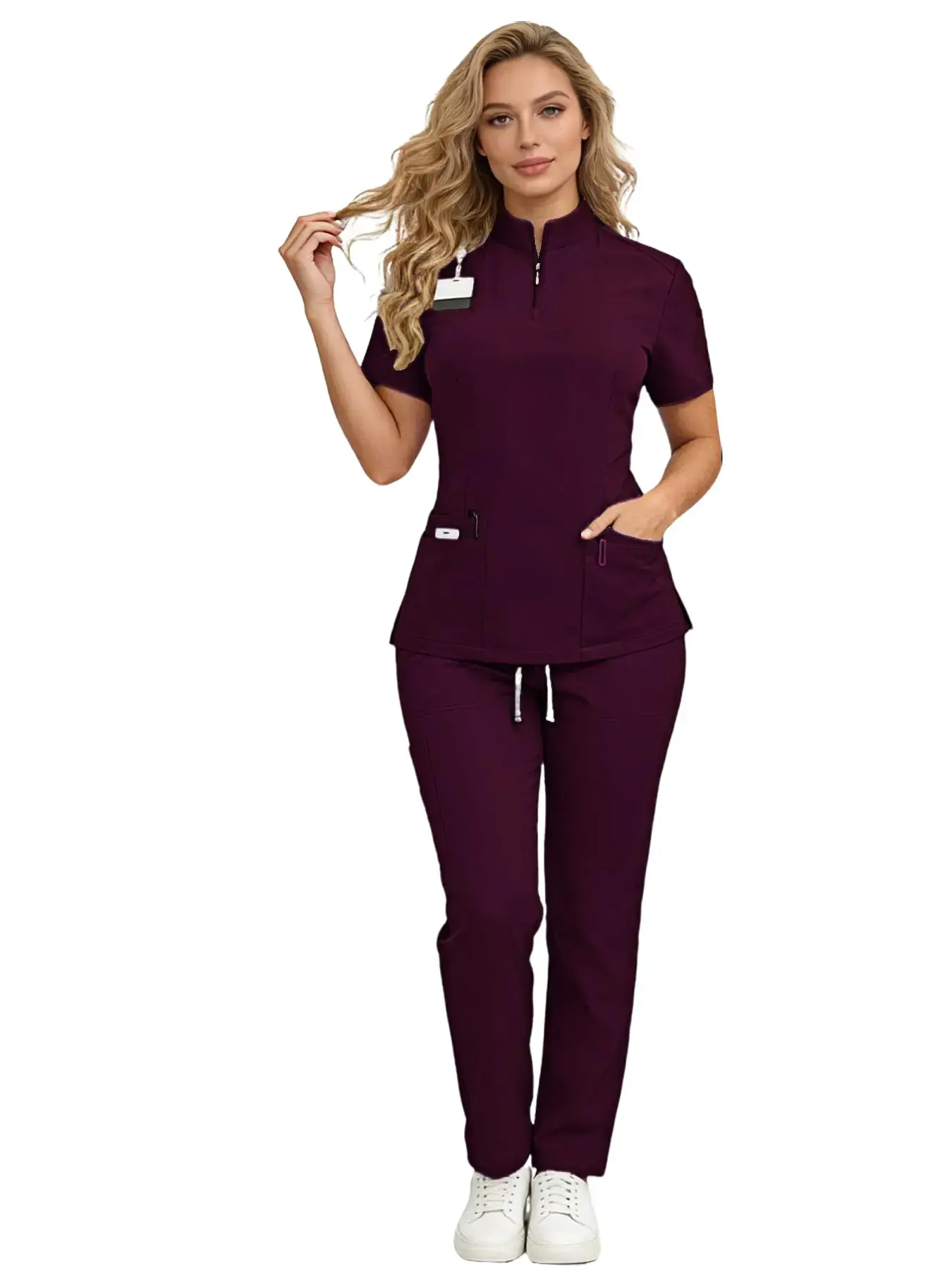 Women’s scrub set featuring a stand collar design, a structured silhouette, fashionable wide-leg cut, and ample storage pockets with large capacity. Wrinkle-resistant all day and breathable—ideal for clinical work, everyday outings, and more.