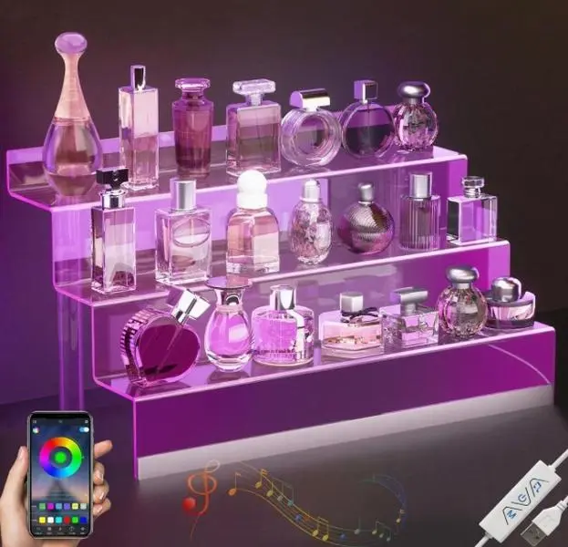 16” Acrylic Display Organizer with LED Light - 3 Tier Perfume Organizer for Women, Cologne Organizer for Men, Clear Riser, Figures Stand, Perfume Stand and Display Step Shelves Holder, Dessert Shelf