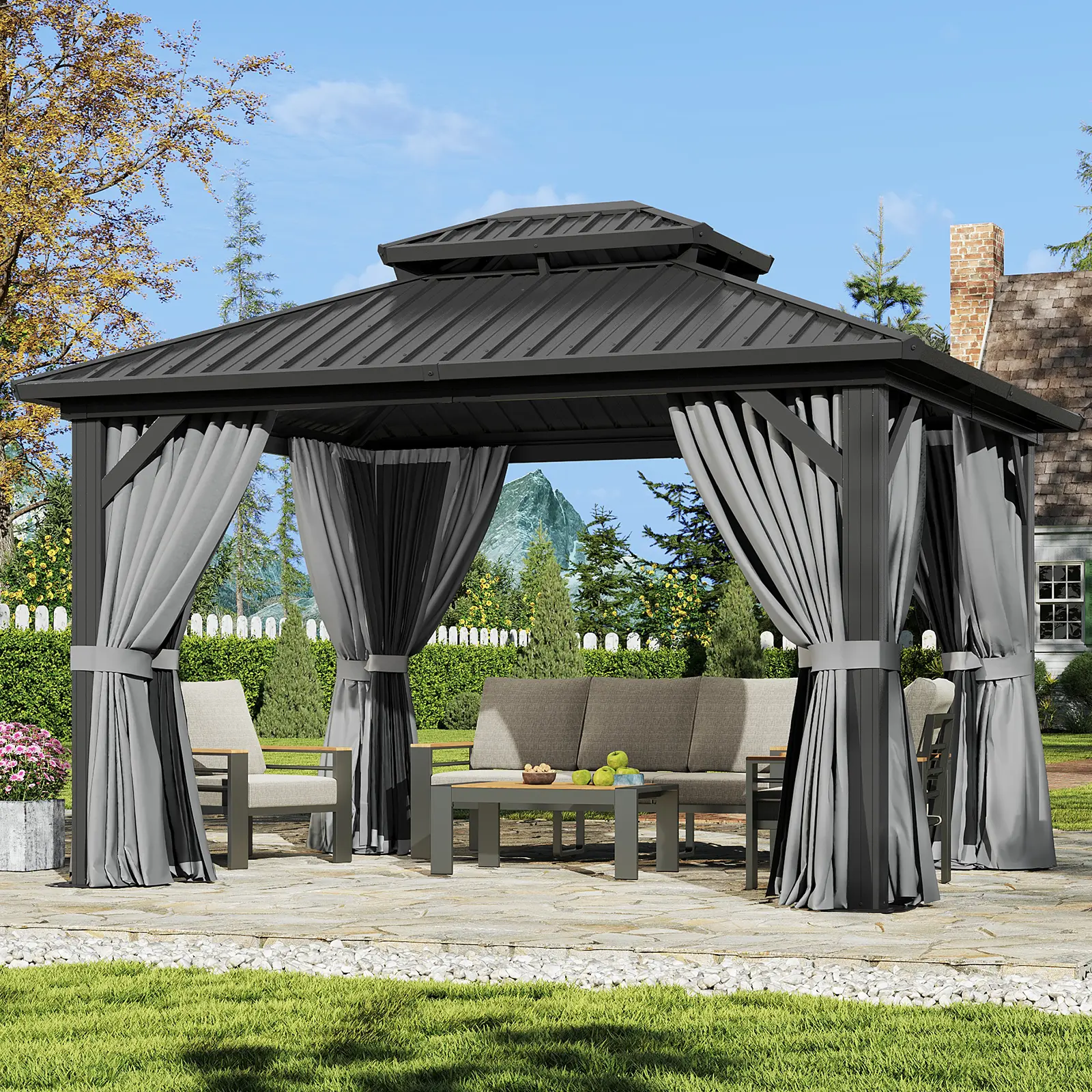 Aoxun 12'x10' Hardtop Gazebo Aluminum Frame Galvanized Double Roof Canopy with Netting & Curtains for Garden Patio Storage Shed,campingessentials,outdoorfurnitureset,campinggear,home decor,camping essentials