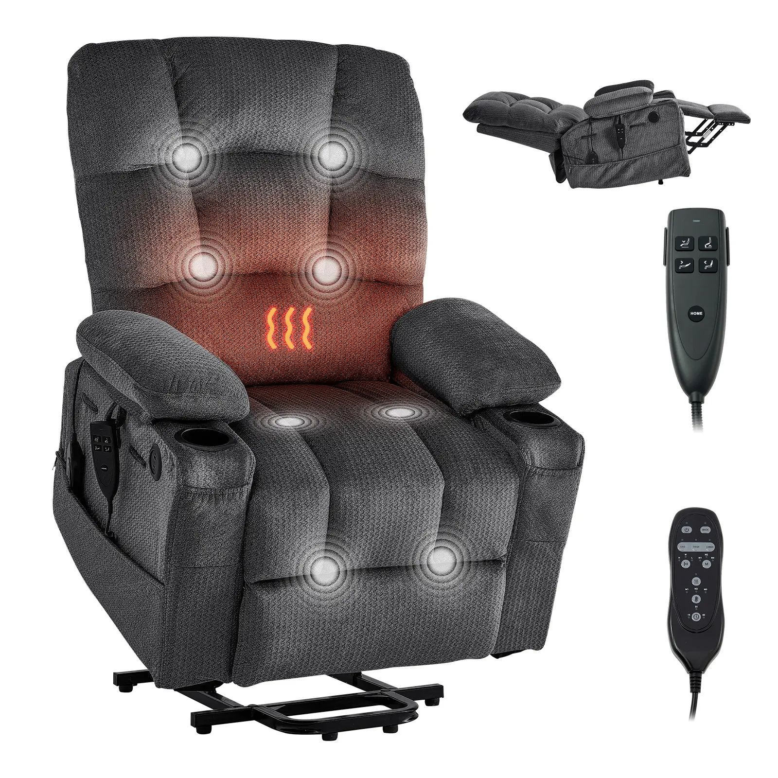 VEVOR Dual Motor Power Lift Recliner Chair for Elderly, Velvet Fabric, Infinite Position Adjustment, Heat & Massage, USB Port, Storage Pockets, Cup Holders, Dark Gray Remote, 350 lb+ Weight Capacity, Anti-Drop Design, Wood & Metal Frame, Asse#BacktoSchool