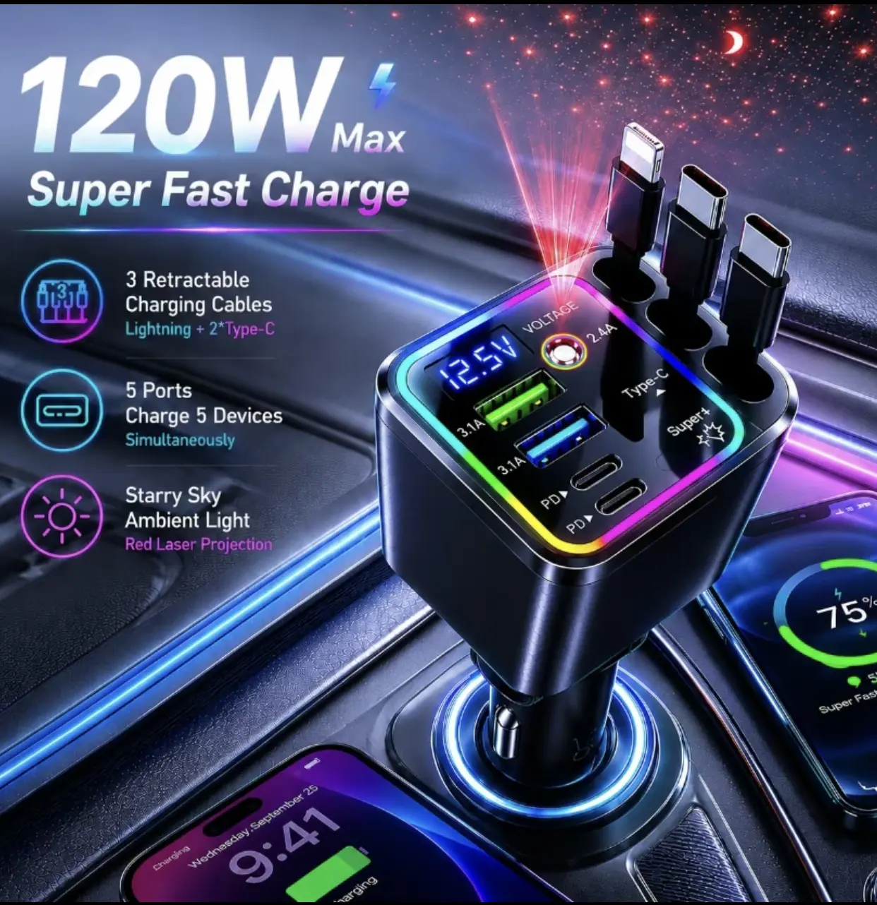 7-in-1 Retractable 120W Car Charger with Starry Sky Ambient LightAutomobiles and motorcycles / vehicle-mounted electronic equipment / electronic accessoriesAccessories Automotive & Motorcycle / Car Electronics / Electronic