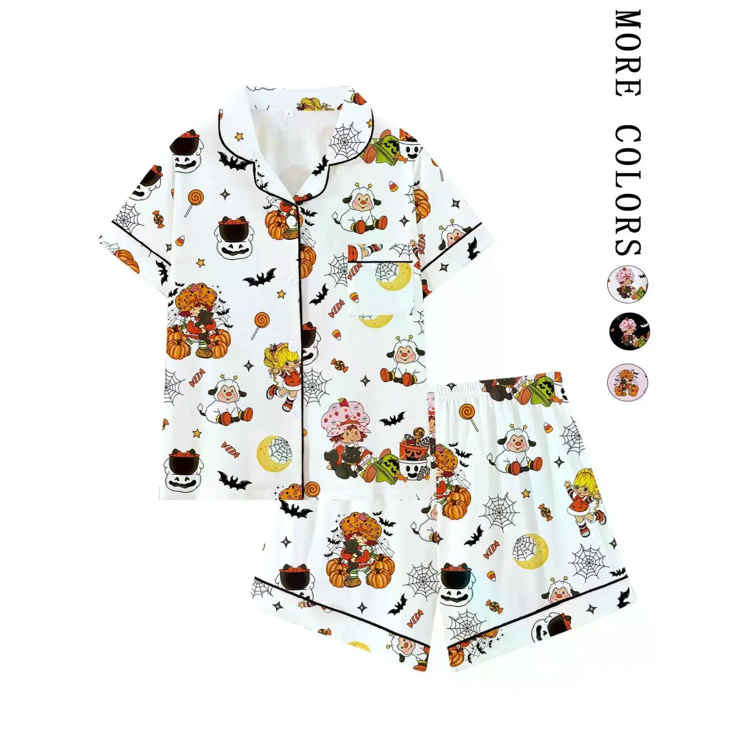 Retro Strawberry Girl Halloween Collared Pajama Set | Cute 80s-Inspired Cartoon & Pumpkin Print Sleepwear | Soft Short Sleeve Button-Down Lounge Outfit | Fun Summeroween 2-Piece PJs with Black Piping