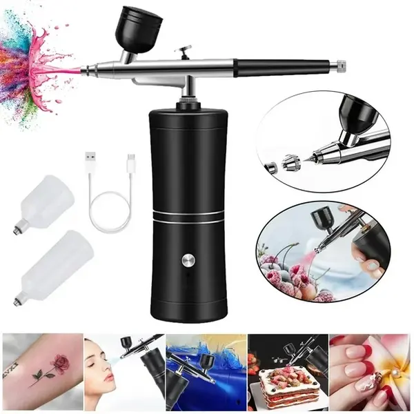 Cordless Rechargeable Airbrush Set - Cordless Airbrush Kit, USB Charging Compressor, 2-Speed (30psi/35psi) Pressure Spray Gun, 0.25mm Nozzle, Multi-Size Cups (7cc/20cc/40cc), Cleaning Brushes, Batteries for Makeup, Nail Art (Black)