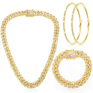 3 Pieces Cuban Link Chain Necklace, Bracelet & Hoop Earrings with Rhinestones — Hip Hop Jewelry Set for Women (24 inches, Gold/Silver)