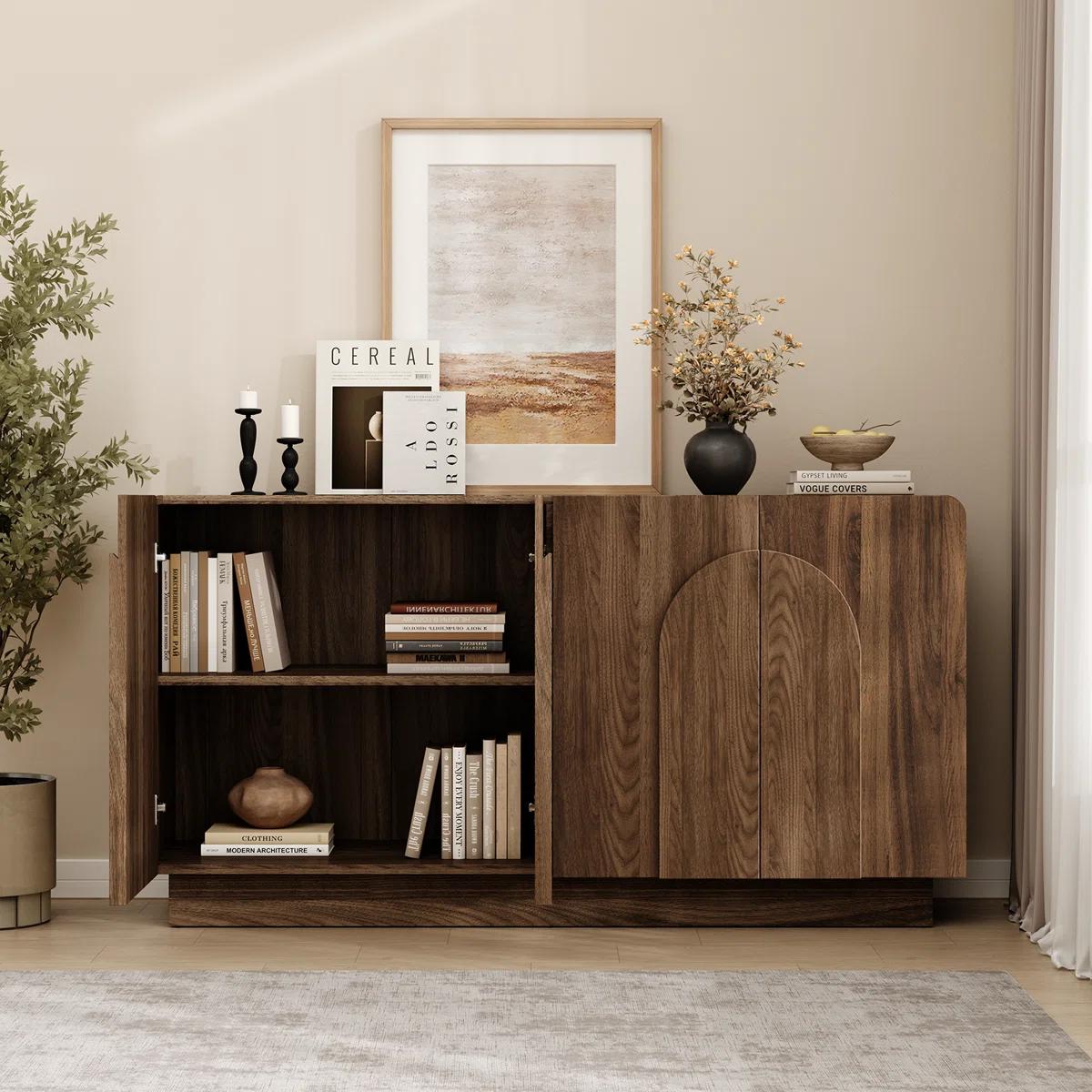 【SPOTLIGHT DAY】ONBRILL Gorgeous 31.5"/60" Sideboard Buffet Cabinet with Storage, Curved Design Modern INS Coffee Bar Cabinet with Doors, Farmhouse Storage Cabinet with Adjustable Shelves for Living Room Kitchen Hallway,Bedroom Furniture