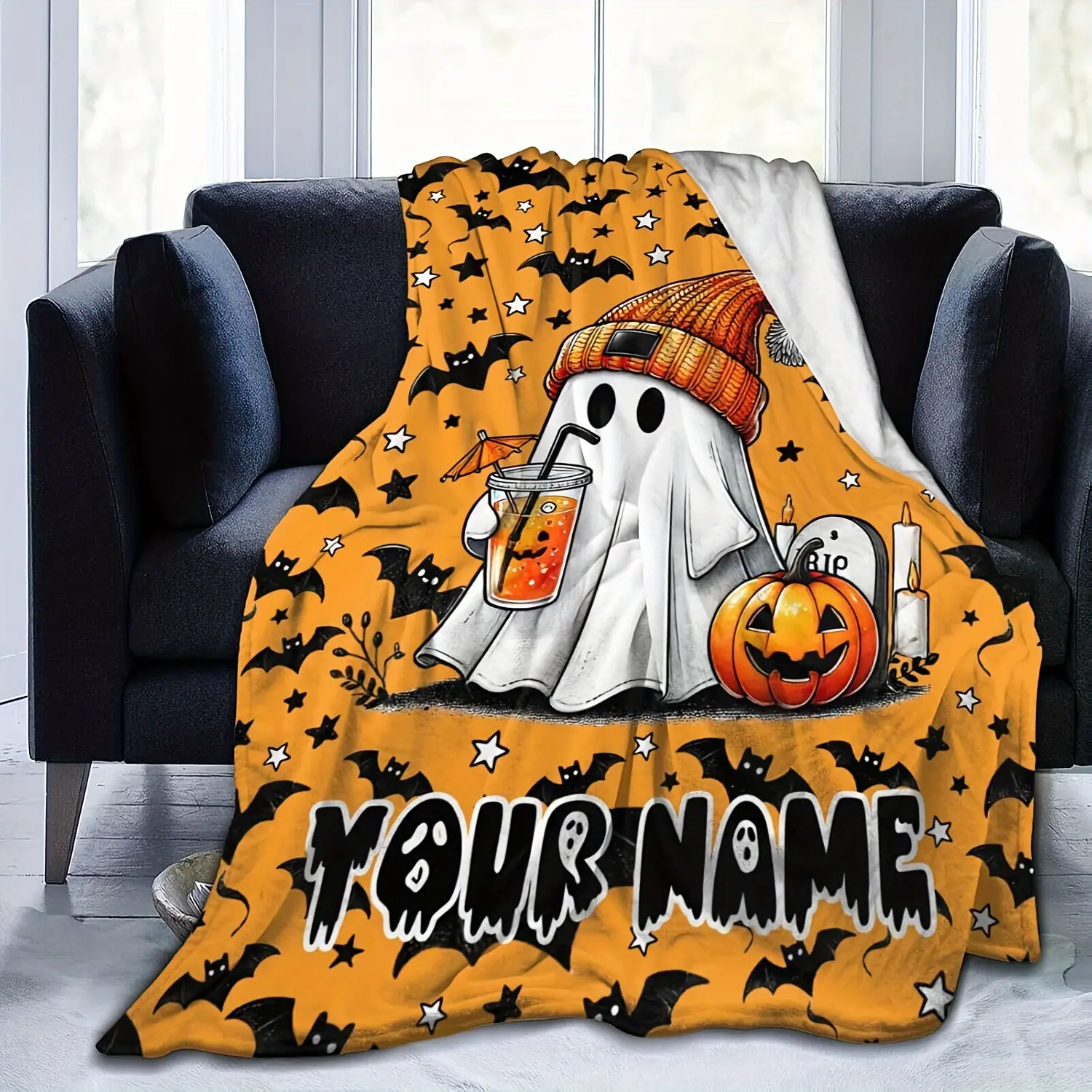 Custom Halloween name rug - Soft, hypoallergenic polyester fiber | Suitable for sofas, beds, travel and offices | Machine washable, suitable for all seasons