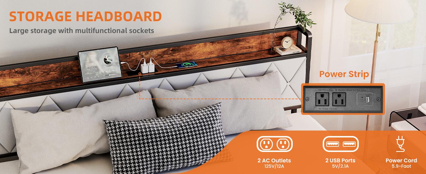 Bed Frame with Headboard,Spacious Underbed Storage,Integrated Charging Station,Durable Squeak-Free Frame,Simple No-Tool Assembly,Works with Full Mattress No Box Spring Required Bed Frame with Headboard,Spacious Underbed Storage,Integrated Charging Station,Durable Squeak-Free Frame,Simple No-Tool Assembly,Works with Full Mattress No Box Spring Required