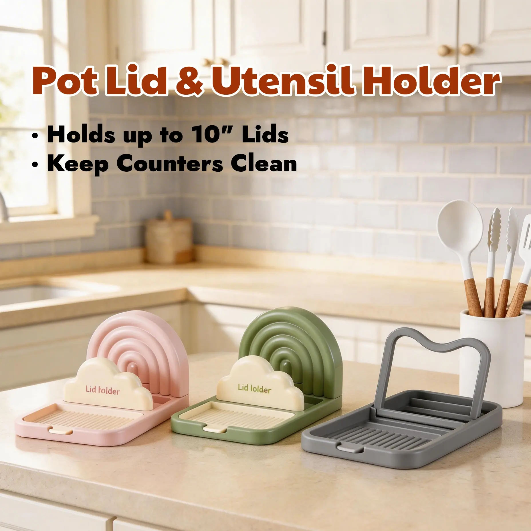 2-in-1 Pot Lid & Utensil Holder Keep your countertop clean & dry! This plastic holder organizes lids, spatulas, spoons and drains water. Must-have for tidy kitchens!