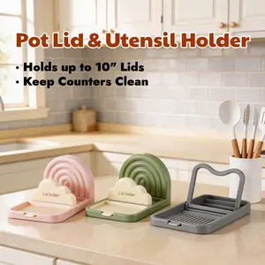 2-in-1 Pot Lid & Utensil Holder Keep your countertop clean & dry! This plastic holder organizes lids, spatulas, spoons and drains water. Must-have for tidy kitchens!