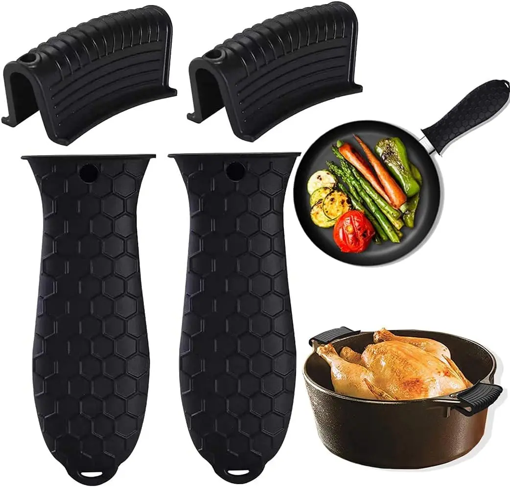 4 Pack Silicone Hot Handle Holders Cover,Cast Iron Skillet Handle Cover,Pot Handle Holder Sleeve,Non-Slip Heat Resistant Removable Potholder for Metal ​Frying Pans Aluminum Cookware Handles(Black,Red) Lid